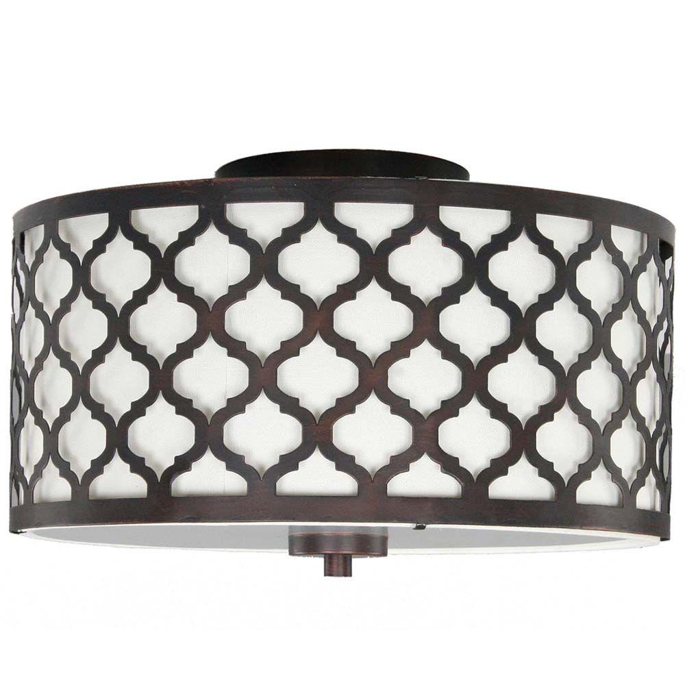 Hampton Bay Edgemoor 13 In 2 Light Oil Rubbed Bronze Semi Flush Mount With Fabric And Laser Cut Drum Shade