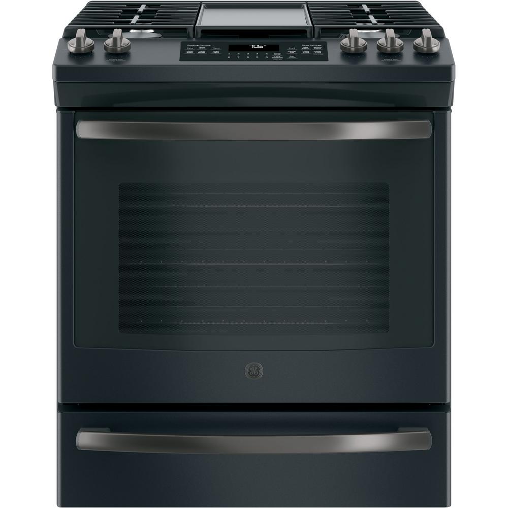 GE 5.6 cu. ft. Slide-In Gas Range with Self-Cleaning Convection Oven in Black Slate, Fingerprint Resistant