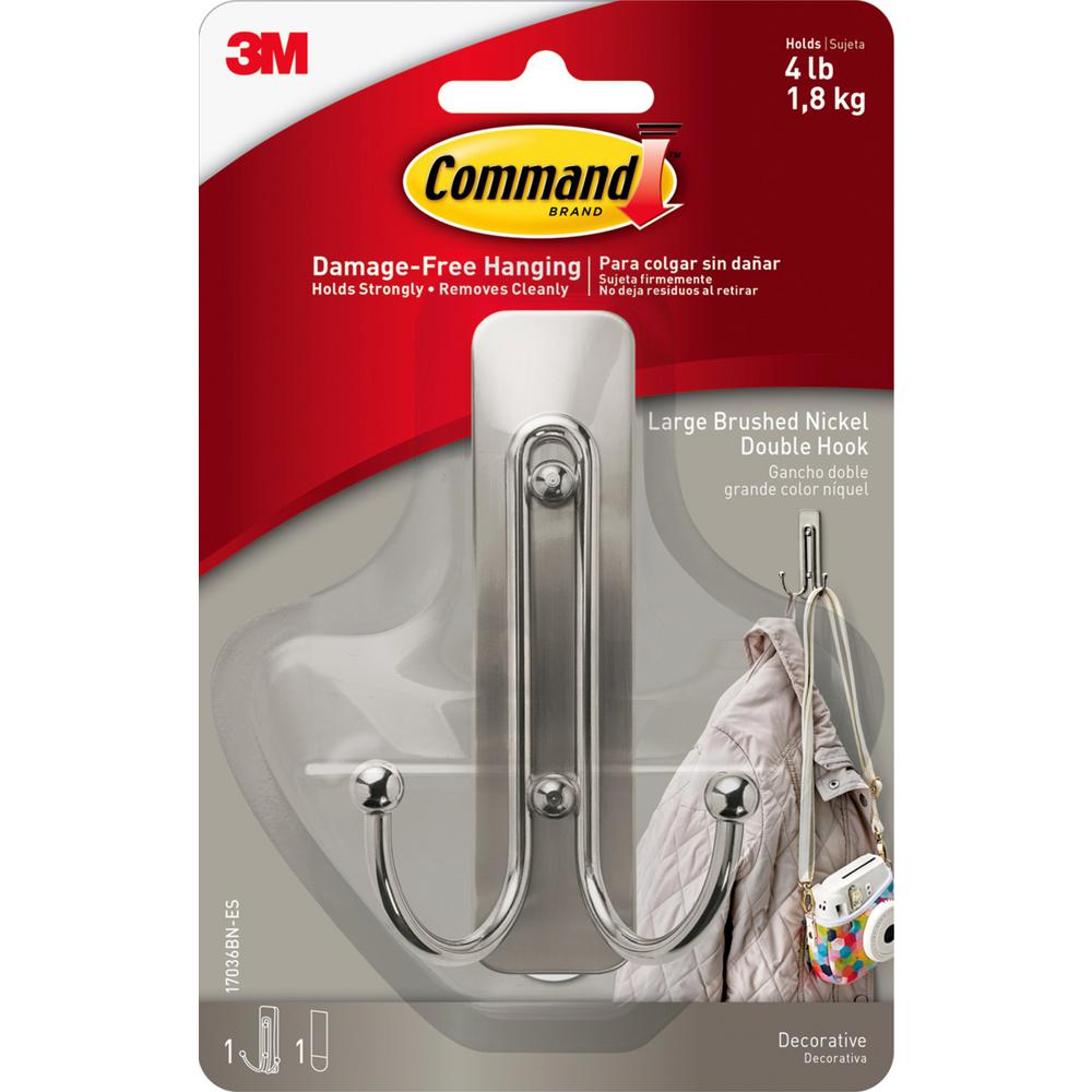 Command Brushed Nickel Large Double Hook (1Hook and 1Adhesive Strip