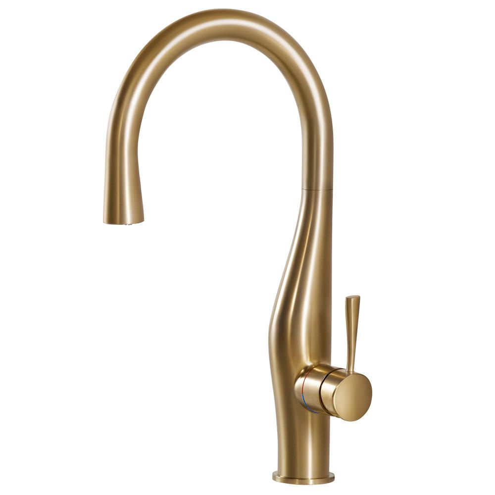 HOUZER Vision Single-Handle Pull Down Sprayer Kitchen Faucet with Hidden Pull Down and CeraDox Technology in Brushed Brass