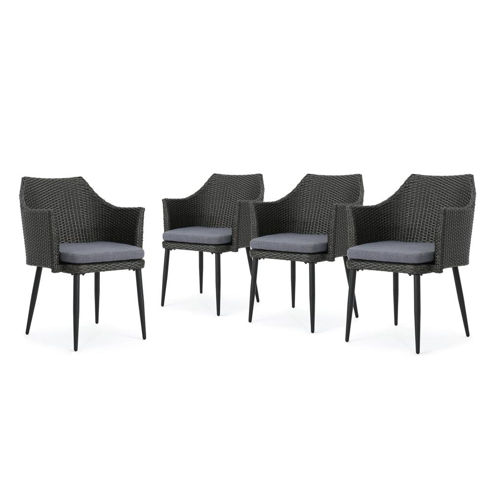 Noble House Iona Black Arm Wicker Outdoor Dining Chair With Grey Cushions 66932 The Home Depot