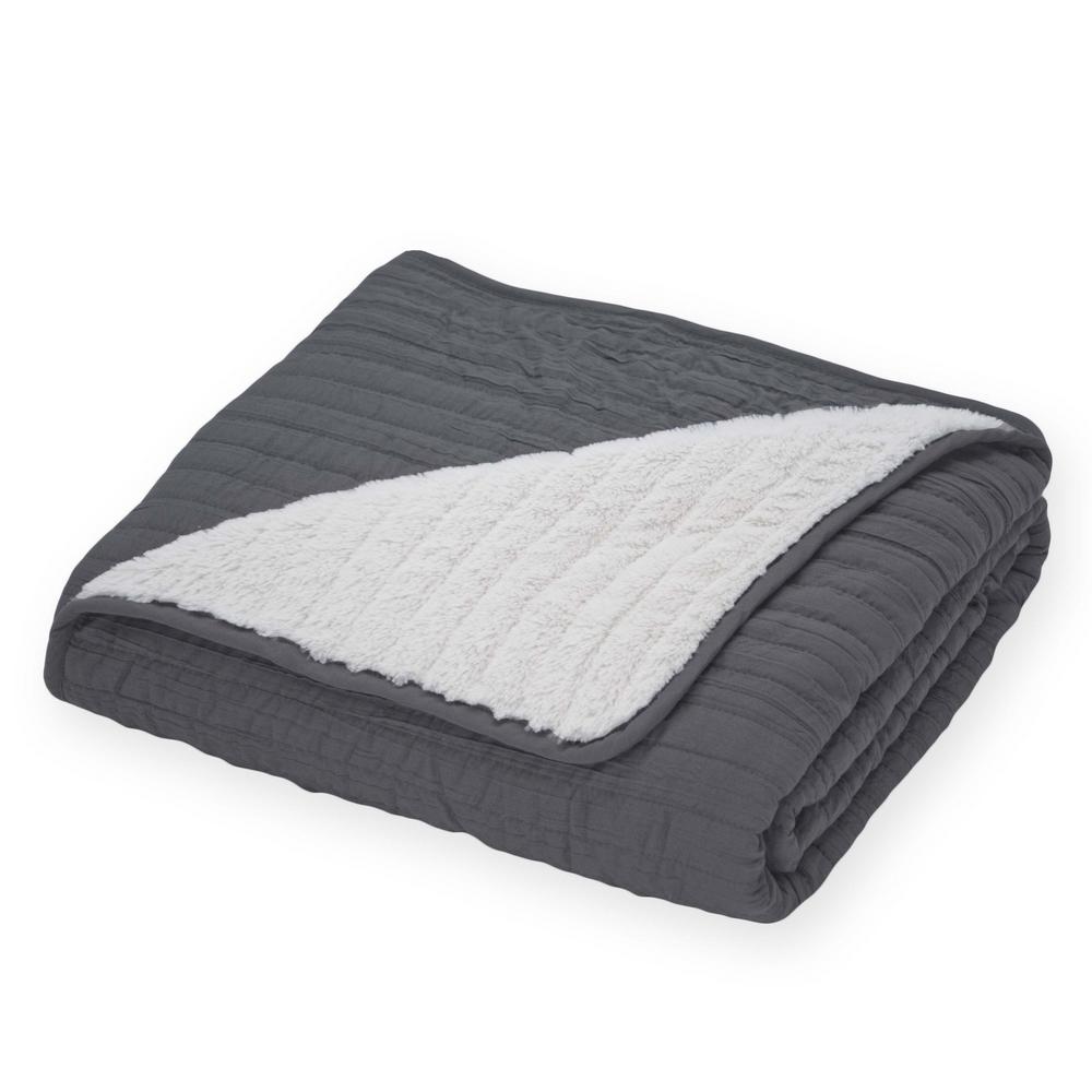 London Fog Garment Washed Crinkle 60 in. x 70 in. Throw Reversing to Faux Fur in GrayTH1766GY