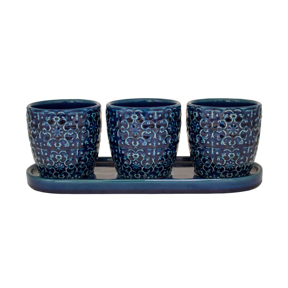 Trendspot 12 in. D Blue Ceramic Mediterranean Bell Trio Planter