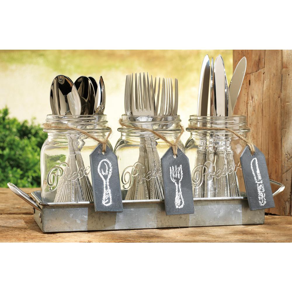 HOME ESSENTIALS & BEYOND Galvanized Finish Mason Jar Flatware Caddy