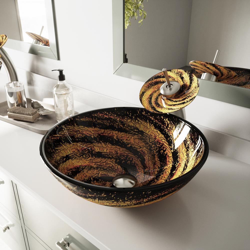 VIGO Glass Vessel Sink in Northern Lights with Waterfall Faucet Set in