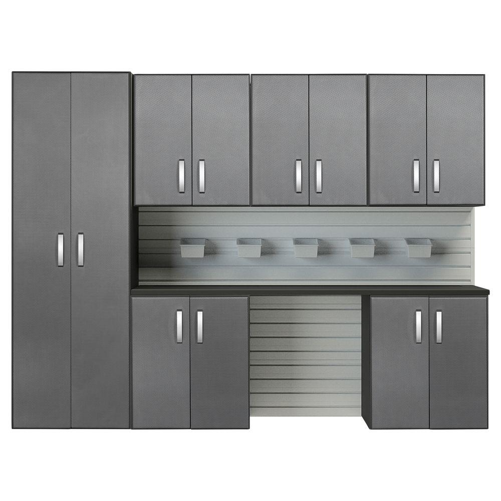 Flow Wall Modular Wall Mounted Garage Cabinet Storage Set With Accessories In White Graphite Carbon Fiber 7 Piece Fcs 9612 6w 7sc The Home Depot