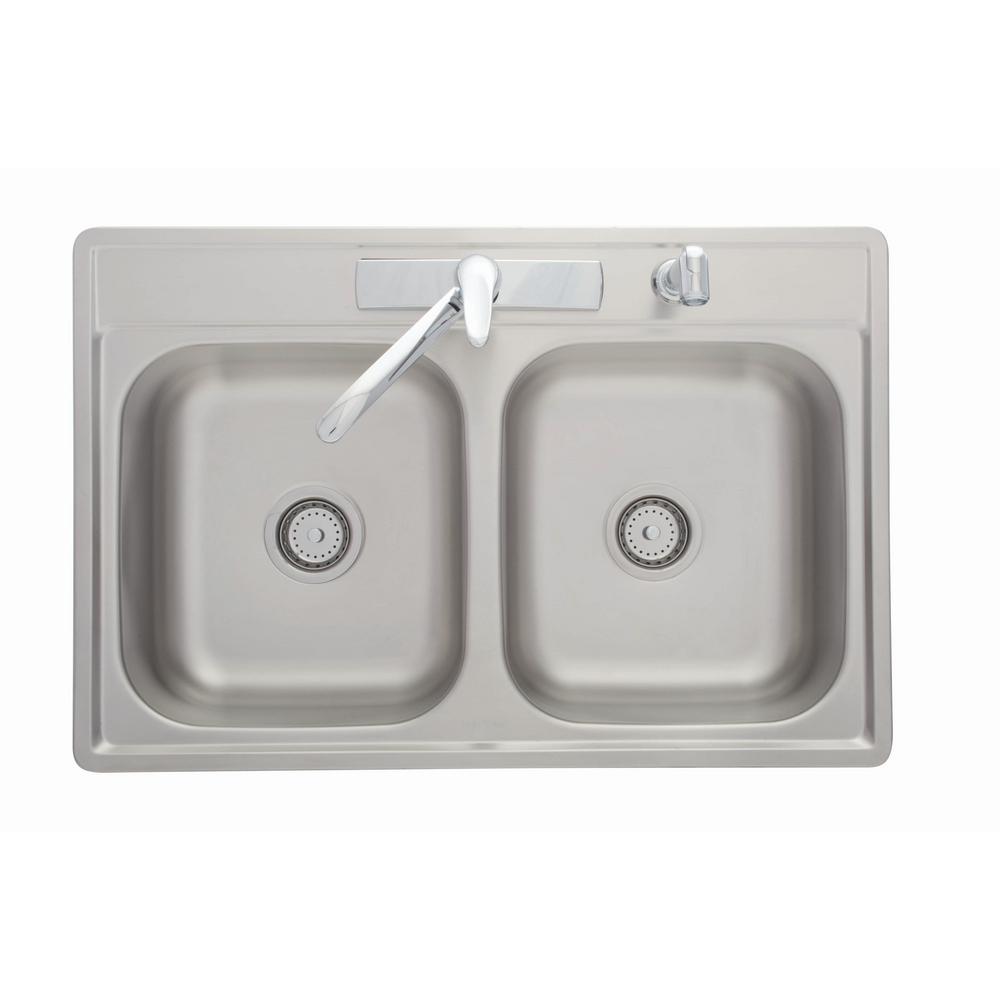 Kindred Drop In Stainless Steel 33 In 4 Hole Double Bowl Kitchen Sink With Faucet