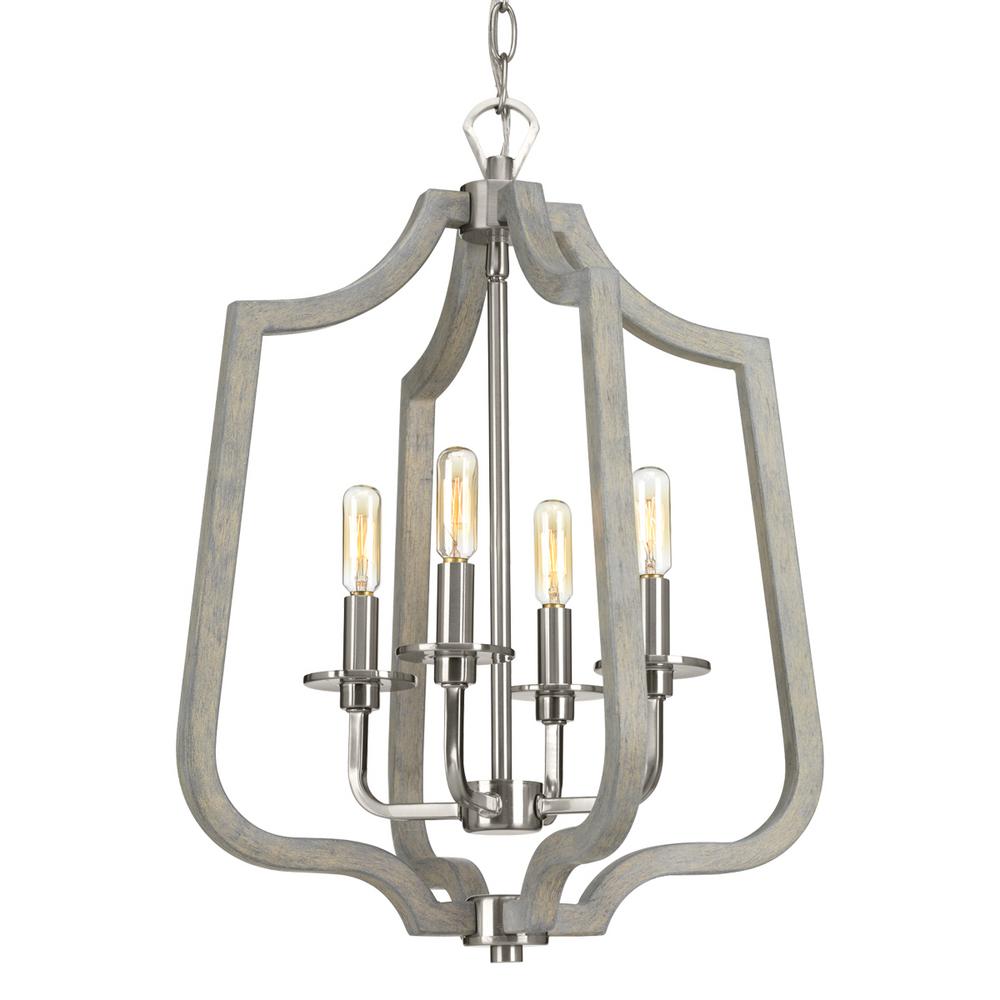 Progress Lighting Glenora Collection 4 Light Brushed Nickel Pendant With Weathered Gray Wood Accents