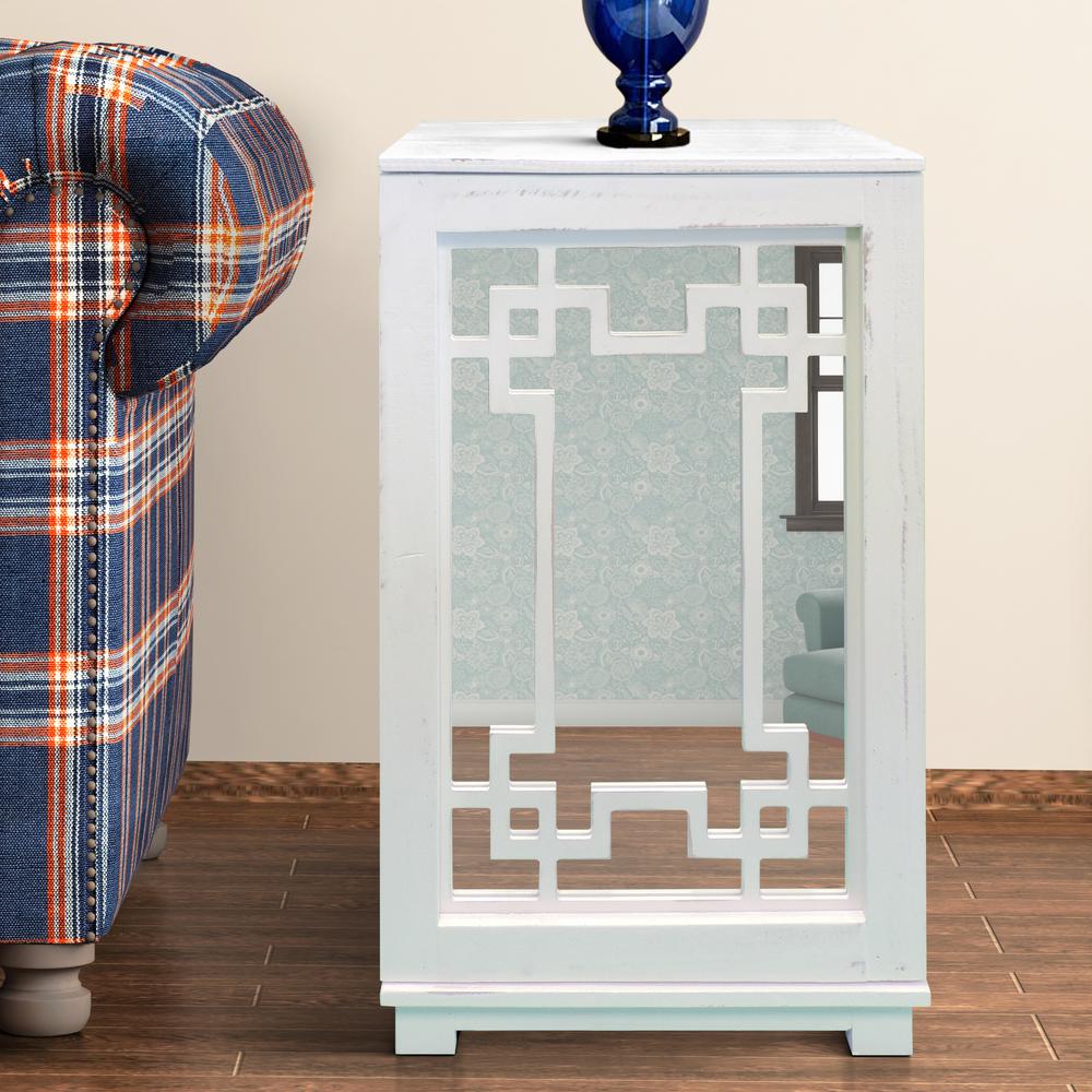 The Urban Port White And Clear Geometric Pattern Wooden Side Table With Mirrored Door Cabinet Upt 205760 The Home Depot