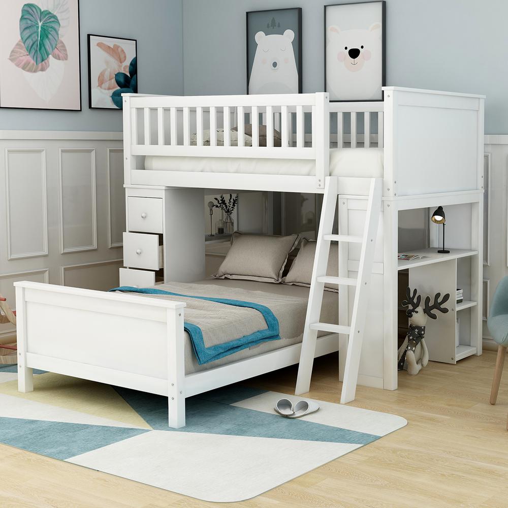 white bunk beds with shelves