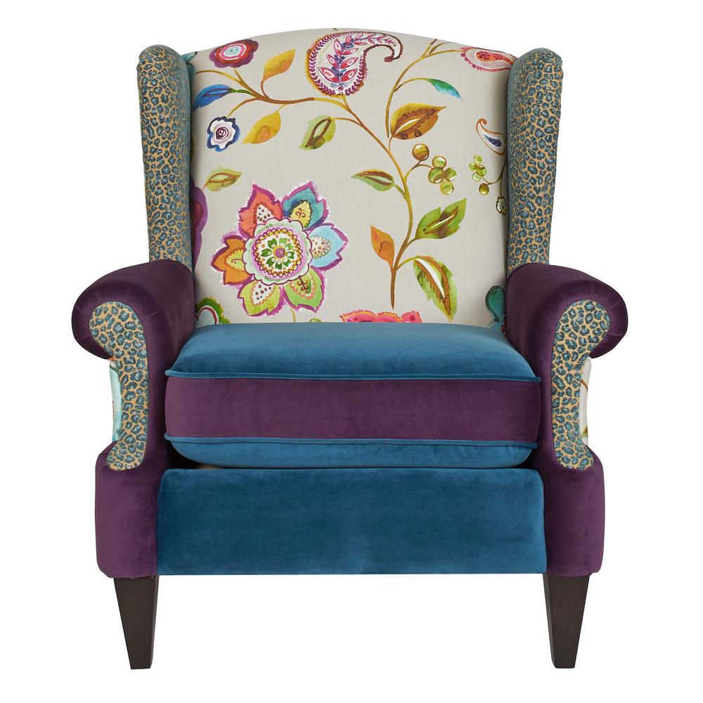 Jennifer Taylor Anya 34 In Floral And Leopard Blue Teal And Purple Velvet Boho Chic Wingback Accent Arm Chair 7967 The Home Depot