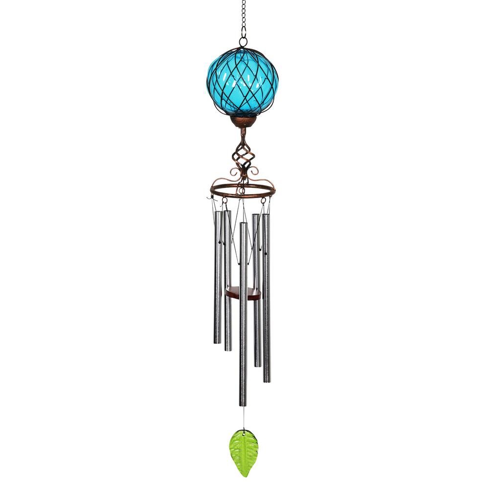 Exhart Solar Caged Blue Ball Metal and Glass Wind Chimes13211RS The