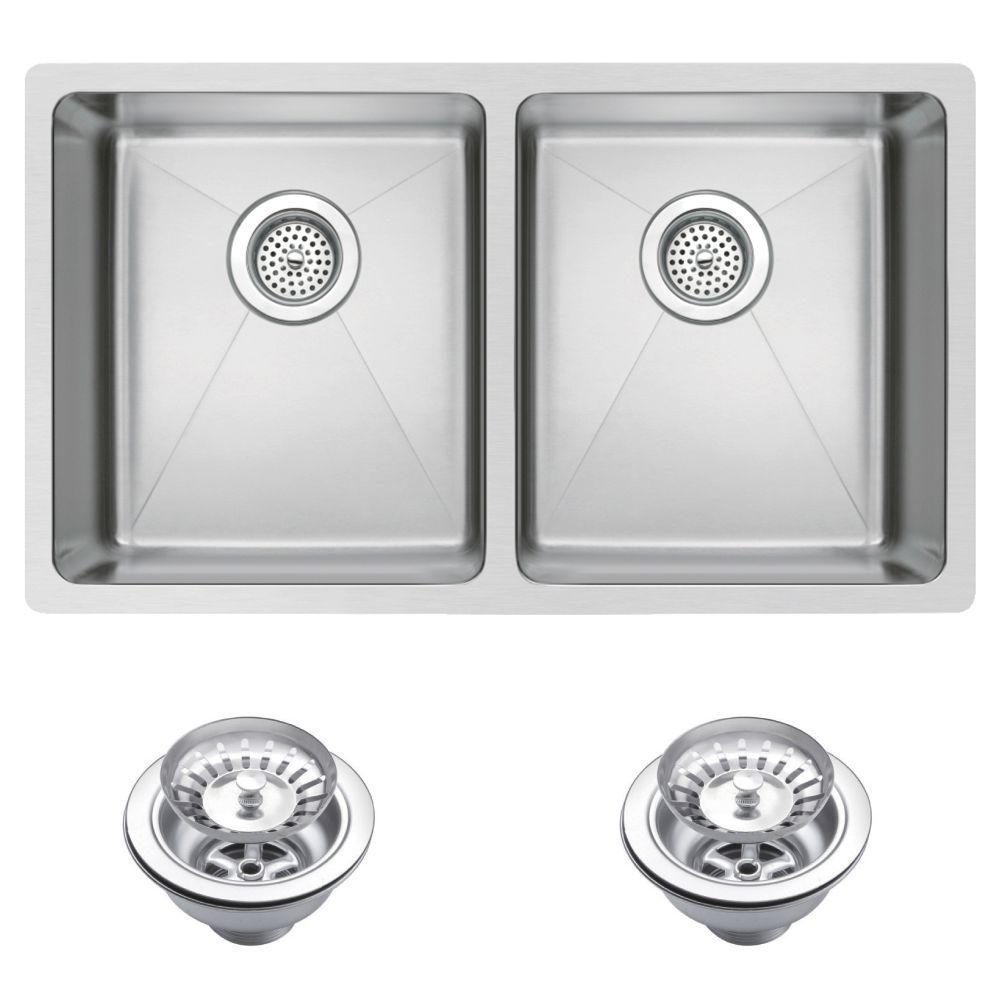 Water Creation Undermount Small 27 12 In 0 Hole Double Bowl Kitchen Sink With Strainer In Premium Scratch Resistant Satin Finish
