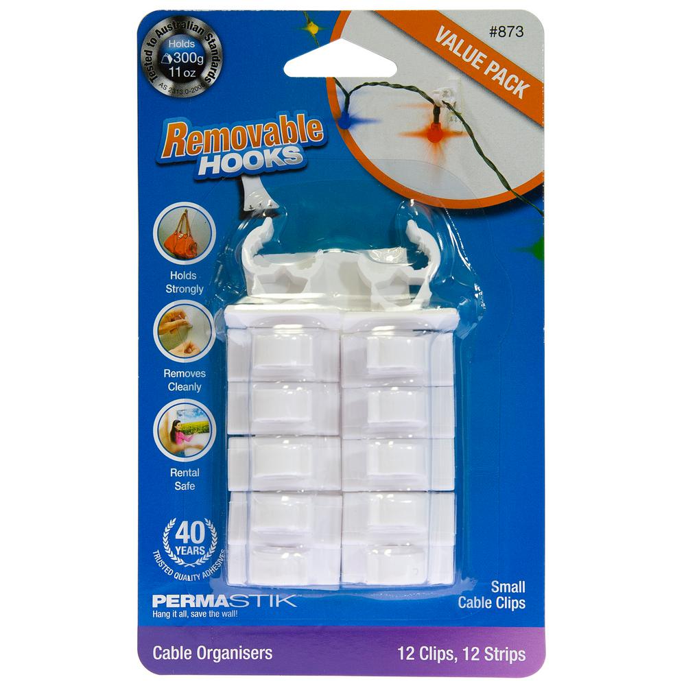 Small Cable Clips Value, Removable Adhesive Strips, White (12Pack