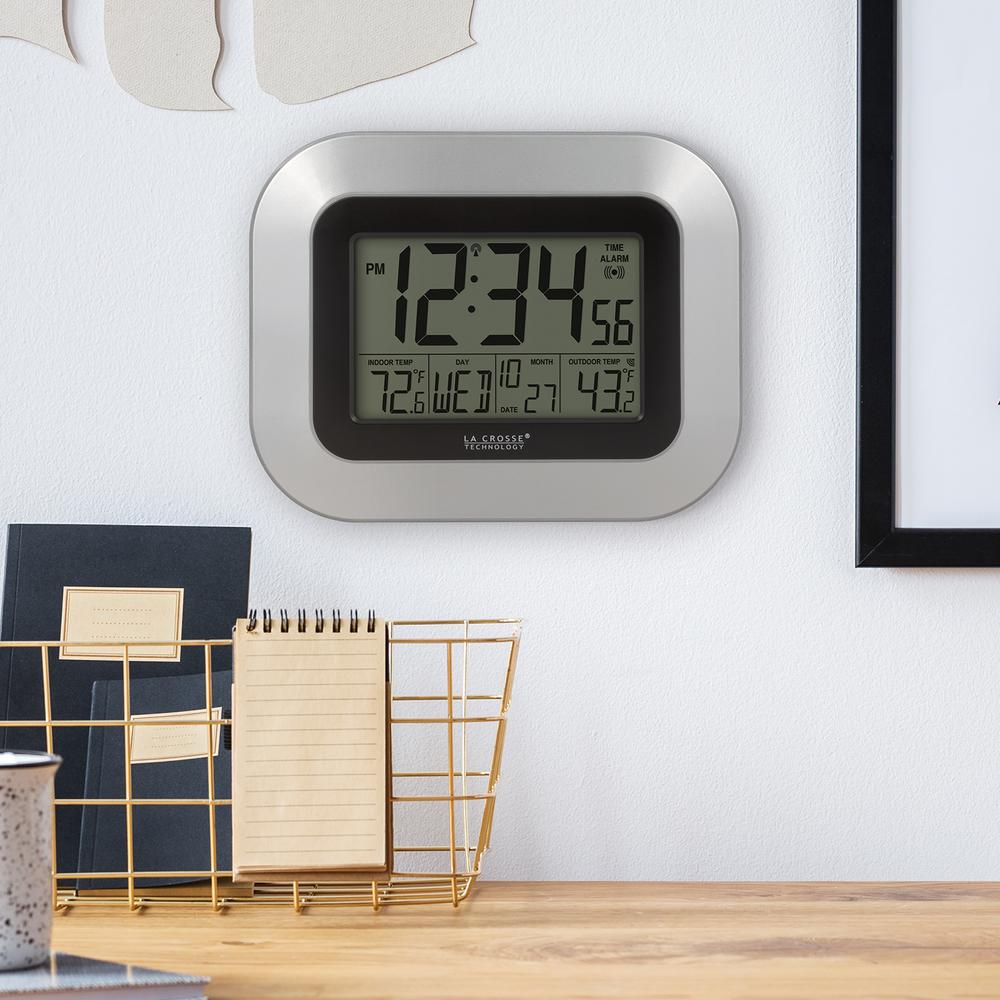 Int Atomic Digital Wall Clock With, La Crosse Technology Large Atomic Digital Clock With Outdoor Temperature In Silver