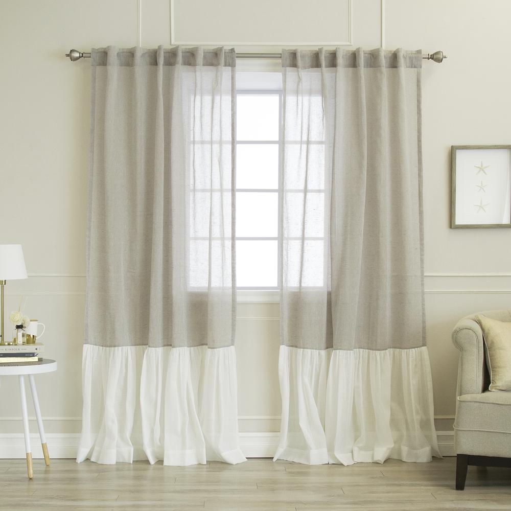 84 In L Grey Linen Look Rod Pocket White Ruffle Block Curtain 2
