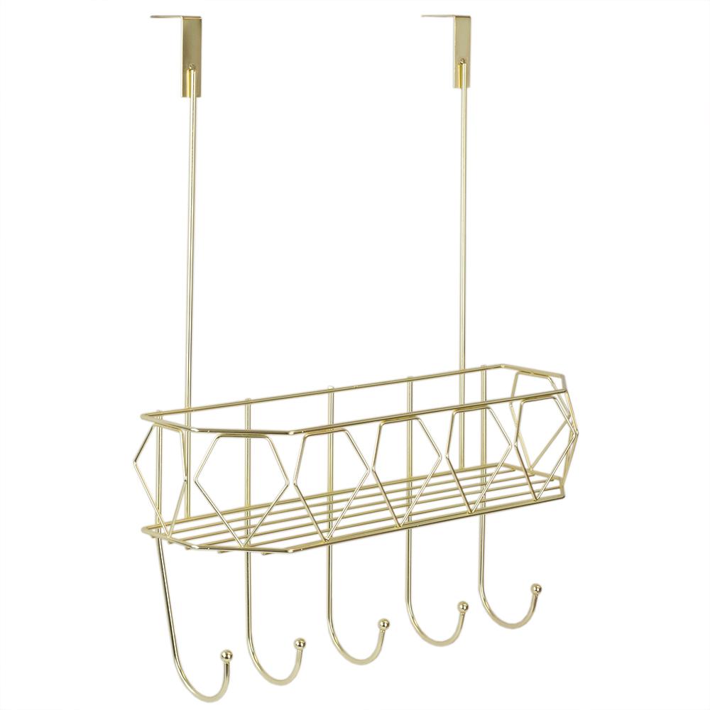 Prism 5 Hook Over The Door Hanging Rack With Built In Basket Gold