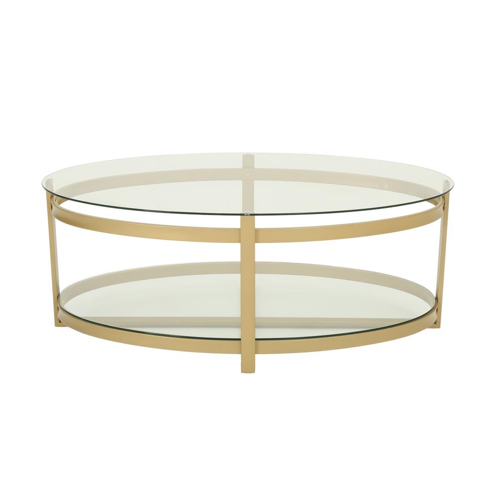 Noble House Plumeria 44 In Clear Brass Large Oval Tempered Glass Coffee Table With Iron Frame 53407 The Home Depot