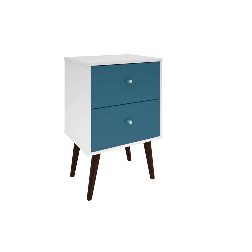 Manhattan Comfort Liberty Mid Century White And Aqua Blue Modern Nightstand 2 0 With 2 Full Extension Drawers With Solid Wood Legs 204amc64 The Home Depot