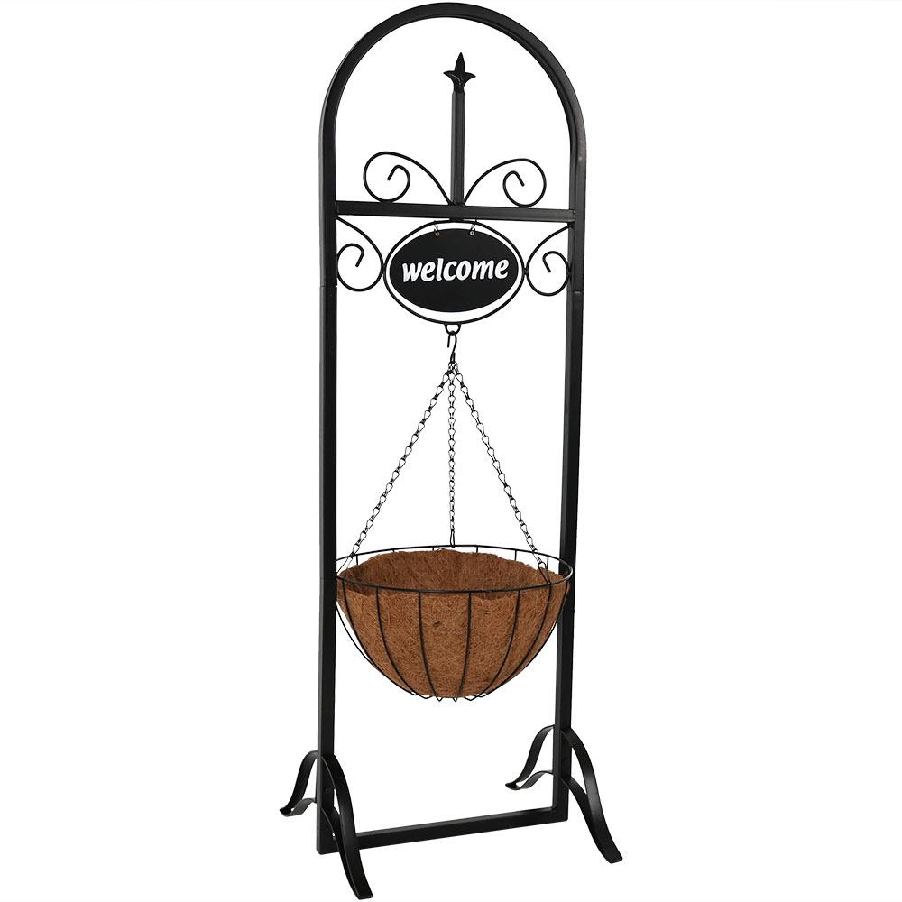 48 in. Decorative Iron Sign and Hanging Basket Planter Stand