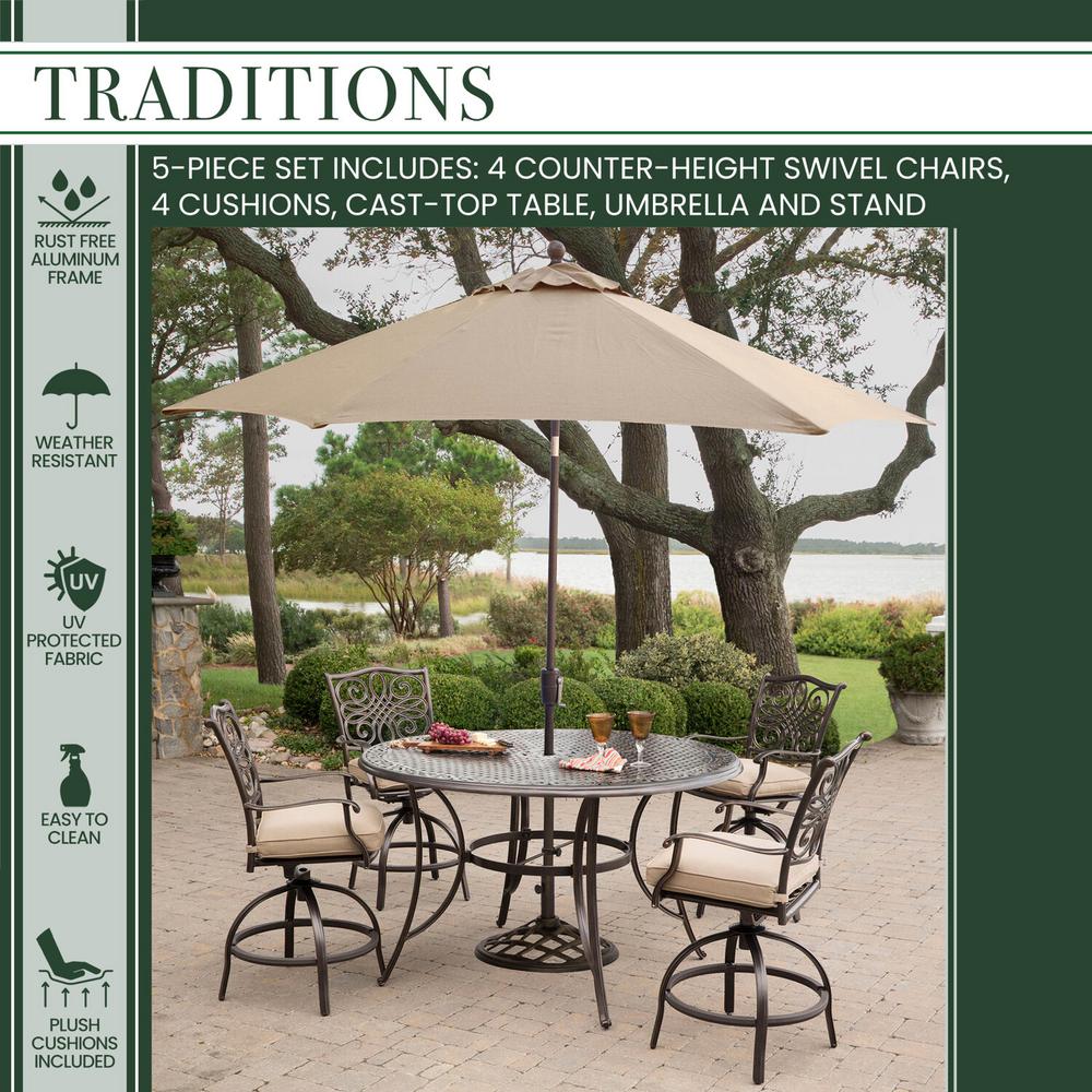 Hanover Traditions 5 Piece Aluminum Round Outdoor High Dining Set With Swivel Chairs Umbrella And Base W Natural Oat Cushions Traddn5pcbr Su The Home Depot