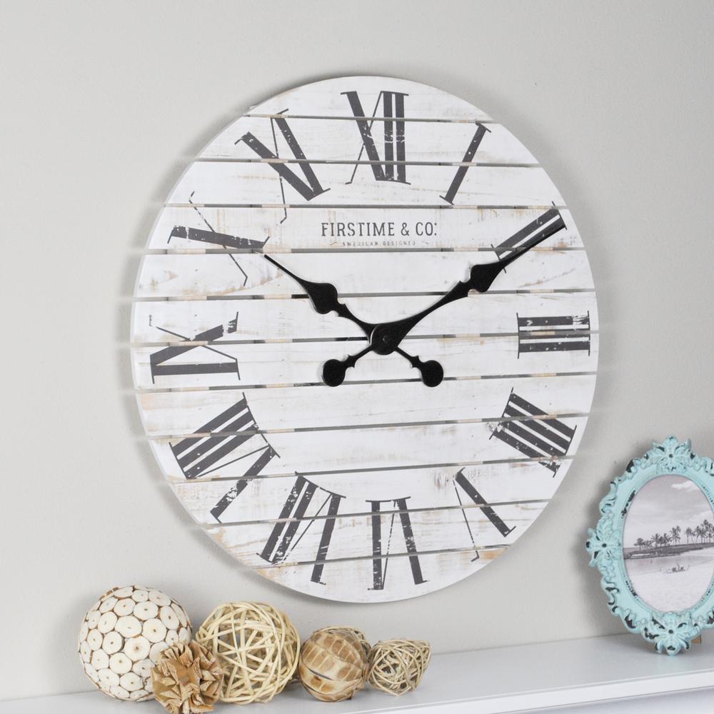 New Shiplap White Wall Clock Solid Wood Panel Roman Numerals Round