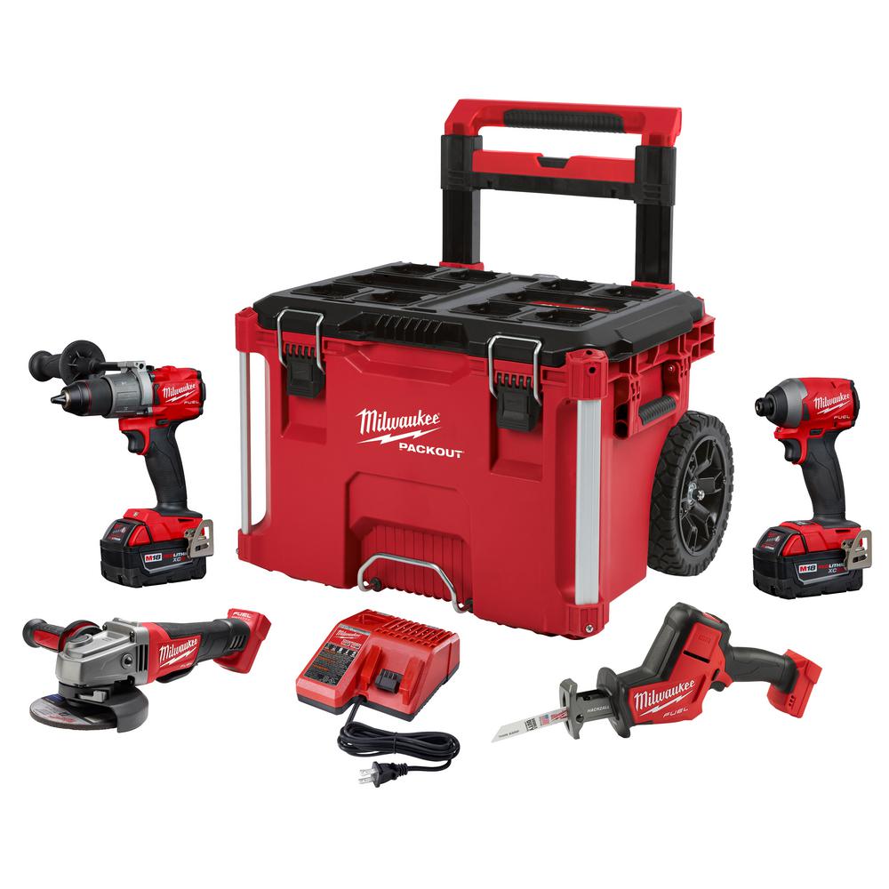 Milwaukee M18 FUEL 18-Volt Lithium-Ion Brushless Cordless Combo Kit (4-Tool) with Two 5.0 Ah Batteries & PACKOUT Rolling Tool Box