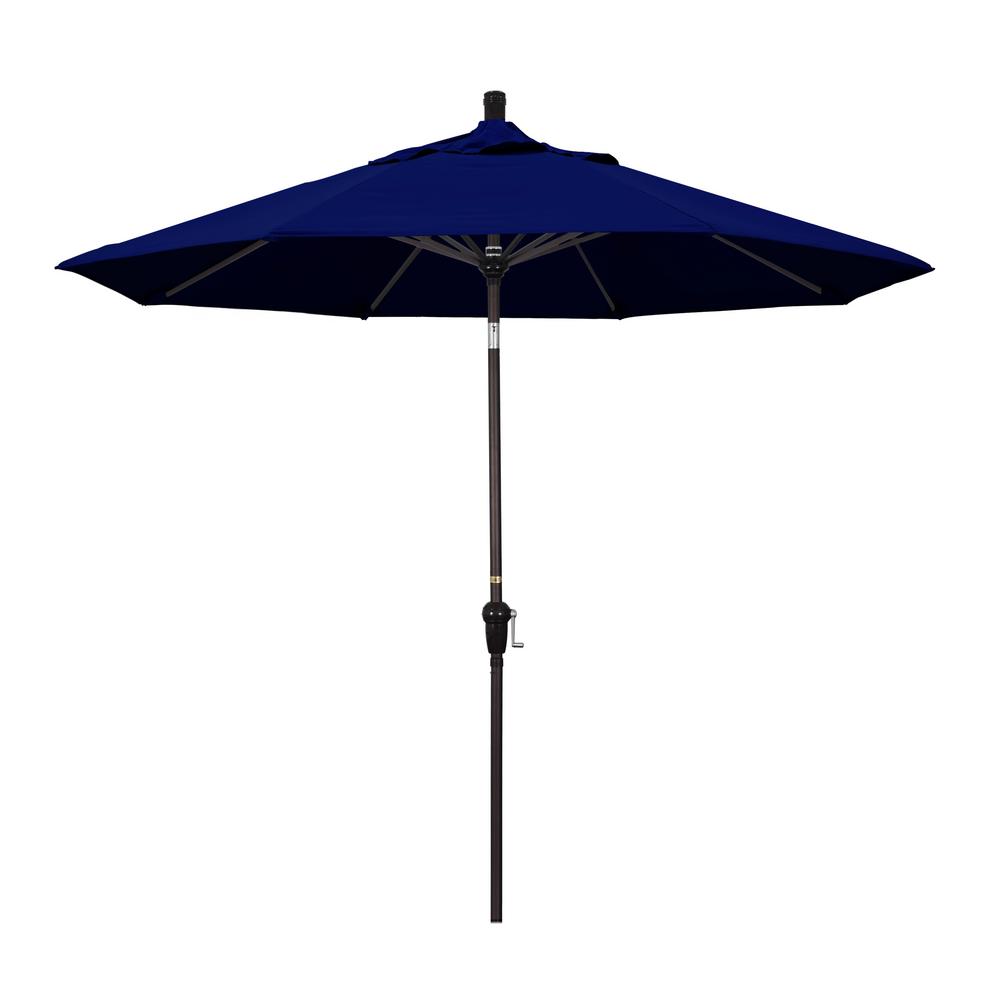 California Umbrella 9 Ft Bronze Aluminum Market Auto Tilt Crank Lift Patio Umbrella In True Blue Sunbrella Sdau908117 5499 The Home Depot