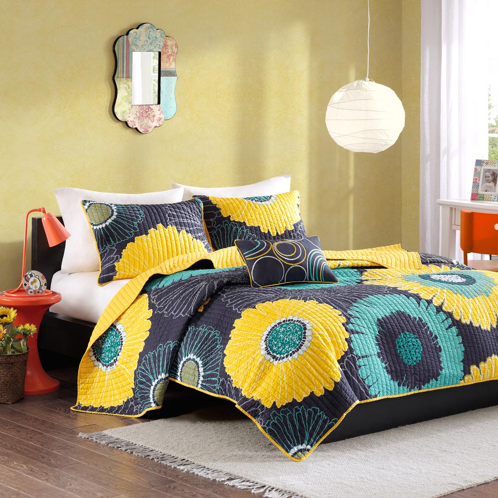 Mi Zone Iris 3Piece Yellow Twin/Twin XL Floral Coverlet Quilt Set MZ80