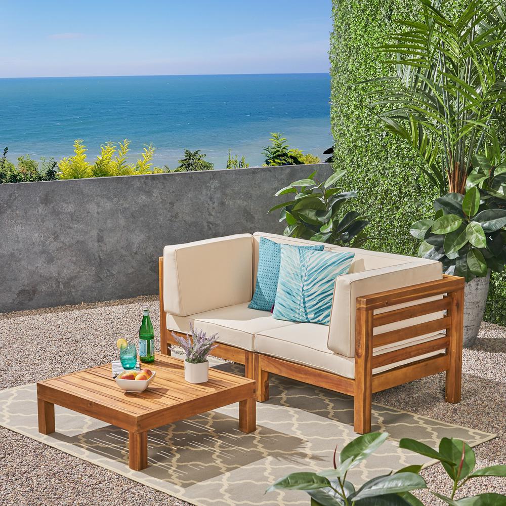 Noble House Jonah Teak 2Piece Wood Patio Deep Seating Set with Beige