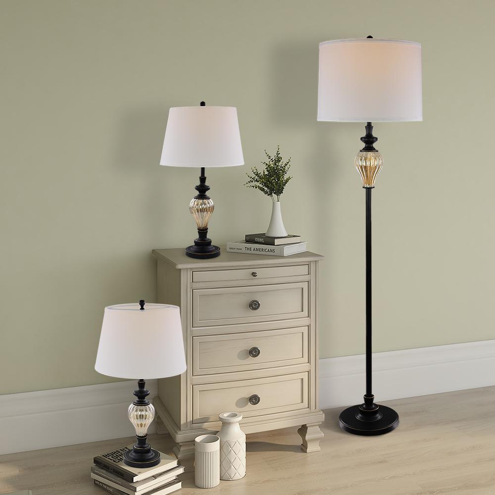 Maypex 62 In Ash Gray Glass 1 Floor And 2 Table Lamp Set With White Fabric Lamp Shade 300173 The Home Depot