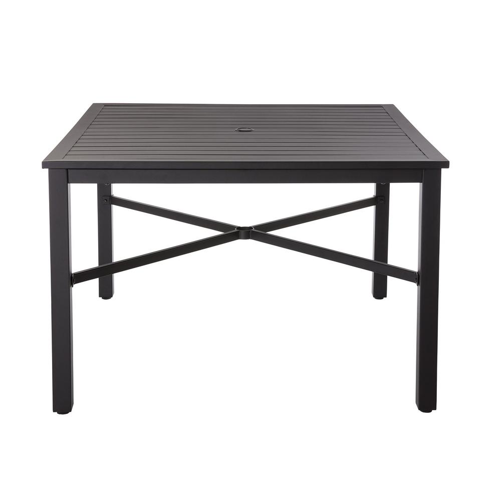 Square Patio Bistro Dining Table 4 Seating Steel Umbrella Hole 30 X 30 Inch