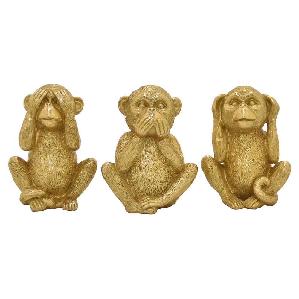 Three Hands Monkey Tabletop Set Of 3 In Gold Resin / Magnesium...