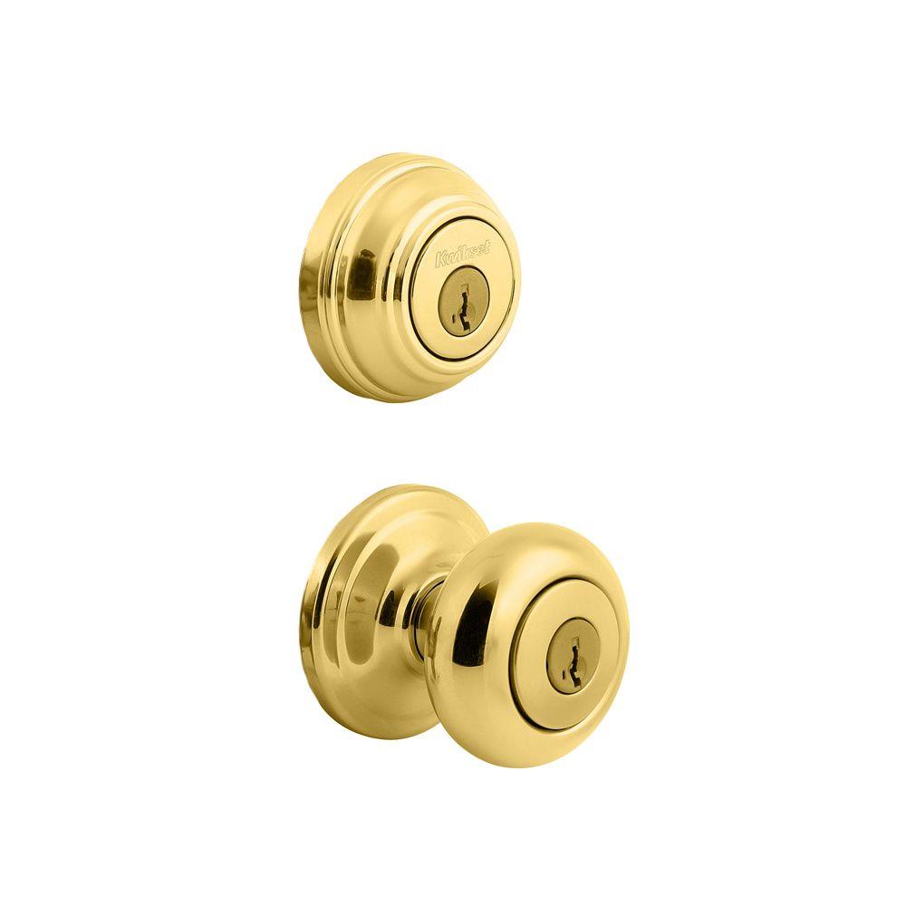 Juno Polished Brass Exterior Entry Door Knob and Single Cylinder Deadbolt Combo Pack Featuring SmartKey Security