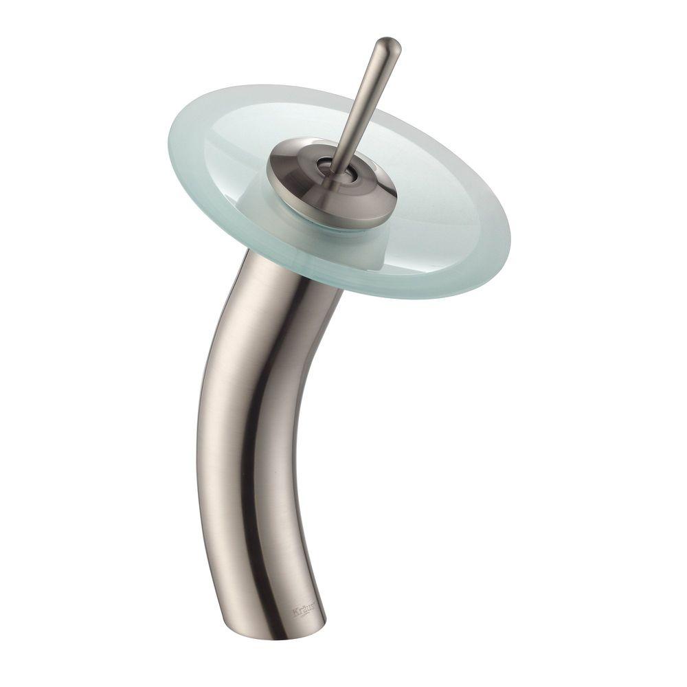 Kraus Single Hole Handle Low Arc Glass Waterfall Vessel Bathroom Faucet In Satin Nickel With Frosted Disk