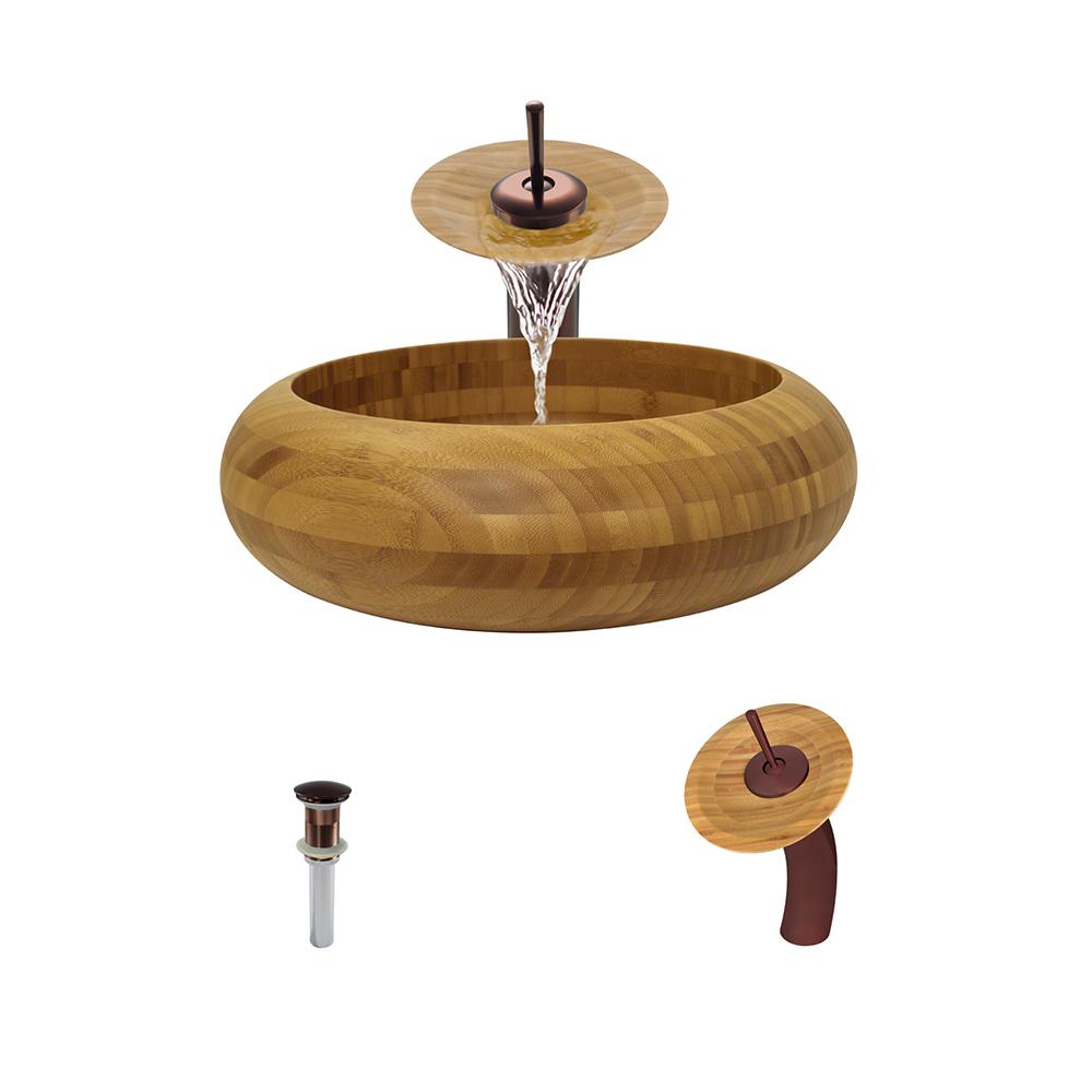 MR Direct Vessel Sink In Bamboo With Waterfall Faucet And Pop Up