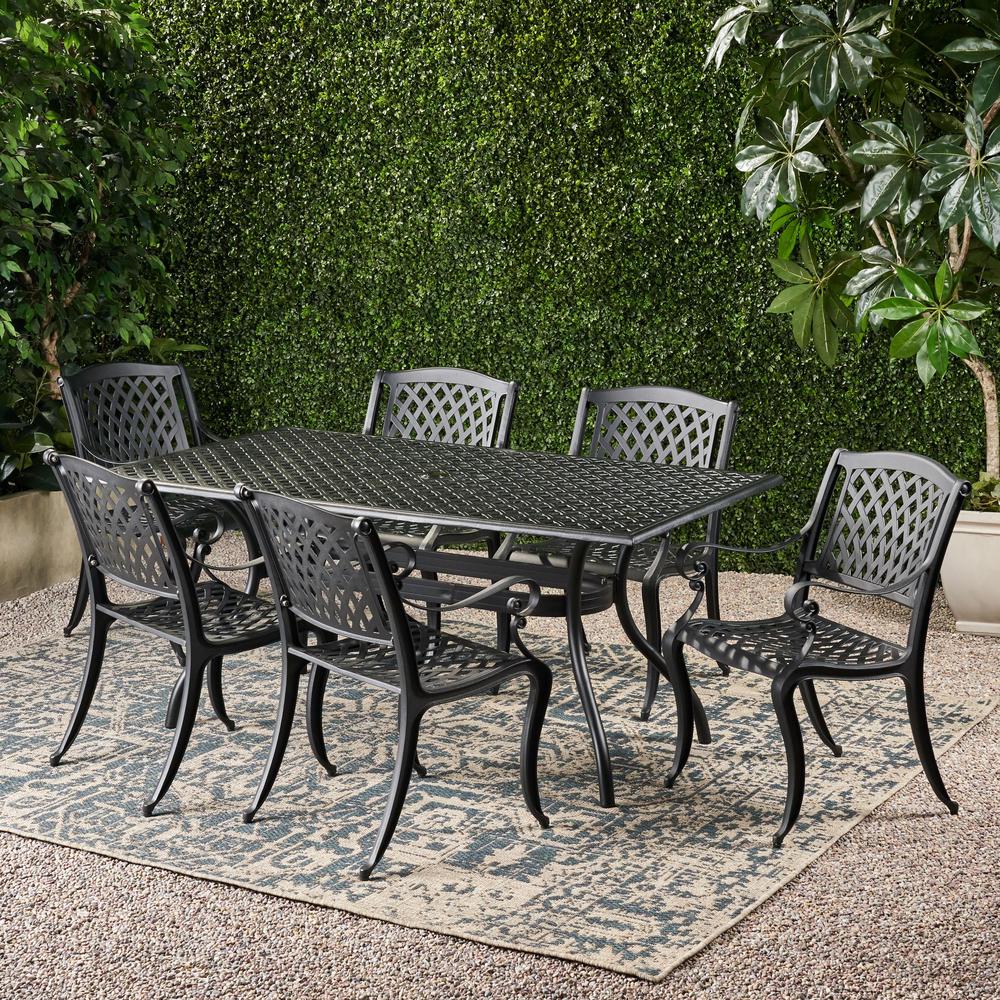Noble House Cayman Black 7 Piece Cast Aluminum Rectangular Outdoor Dining Set 6316 The Home Depot - Patio Dining Table Home Depot Canada
