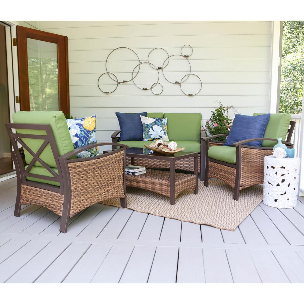 Leisure Made Thompson 4 Piece Wicker Patio Conversation Set With Leisure Made Thompson 4 Piece Wicker Patio Conversation Set With Green Cushions