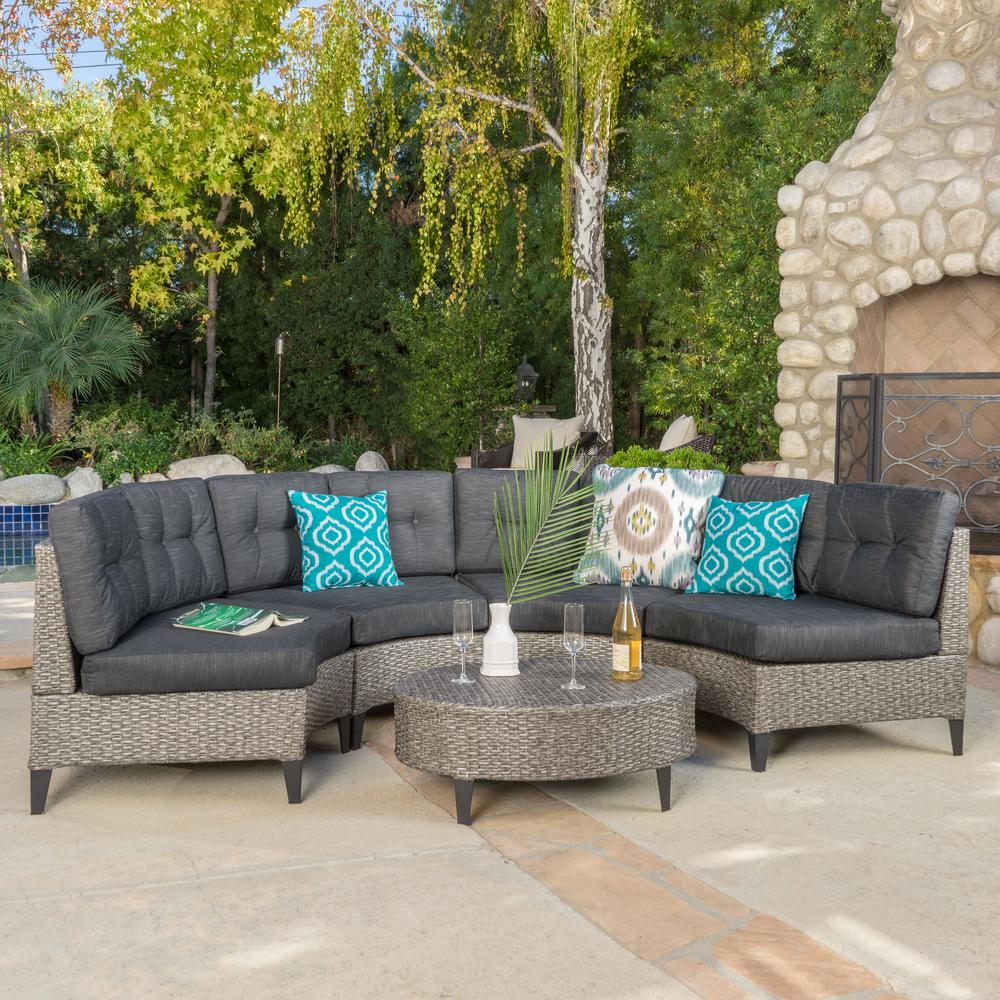 Navagio Mix Black 5 Piece Wicker Outdoor Sectional Set With Dark Grey Cushions