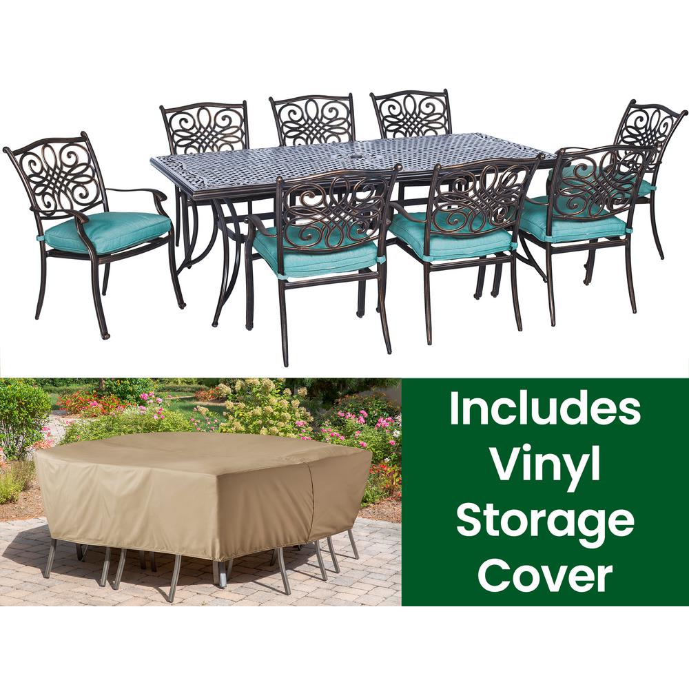 Hanover Traditions Bronze Aluminum 9 Piece Outdoor Patio Dining Set With Protective Cover And Blue Cushions Included Traddn9pc Blu Hd The Home Depot