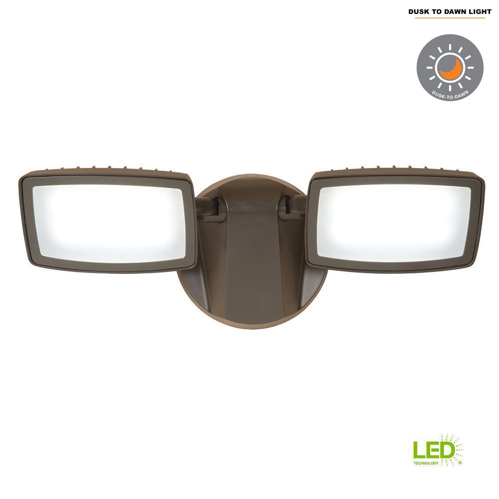 Flood Lights Outdoor Security Lighting The Home Depot 2850 24 4 Watt Twin Head Bronze Outdoor Integrated Led Dusk To Dawn Flood Light