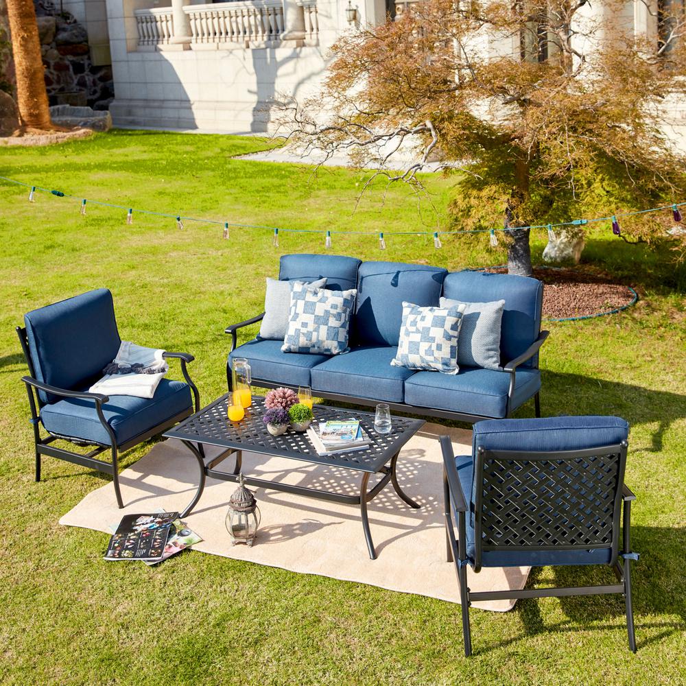 Patio Festival 4Piece Metal Patio Conversation Set with Blue CushionsPF19004104B The Home