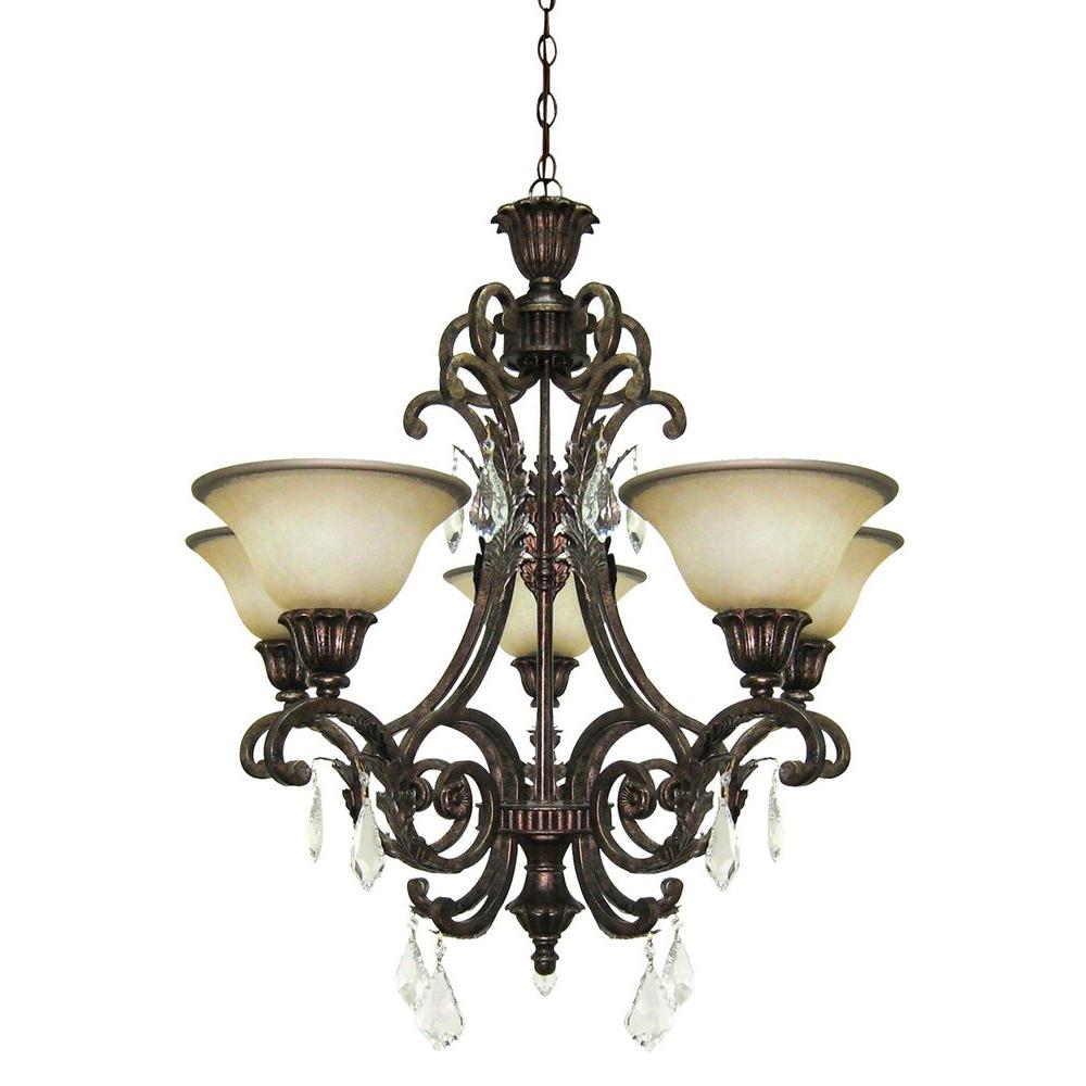 Commercial Electric 5Light Bronze Chandelier with Tea Stained Glass