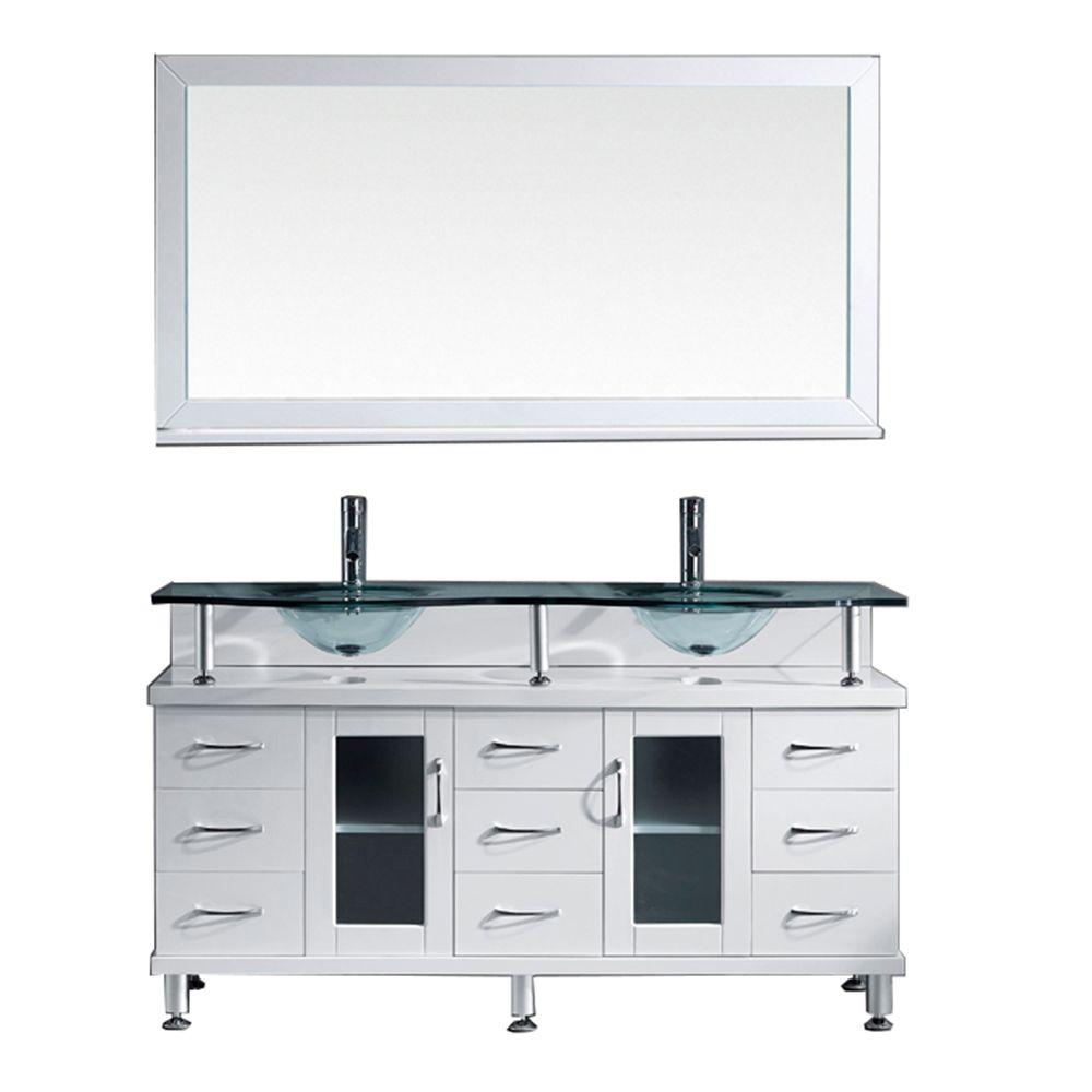 Virtu Usa Vincente Rocco 60 In W Bath Vanity In White With Glass Vanity Top In Aqua With Round Basin And Mirror And Faucet