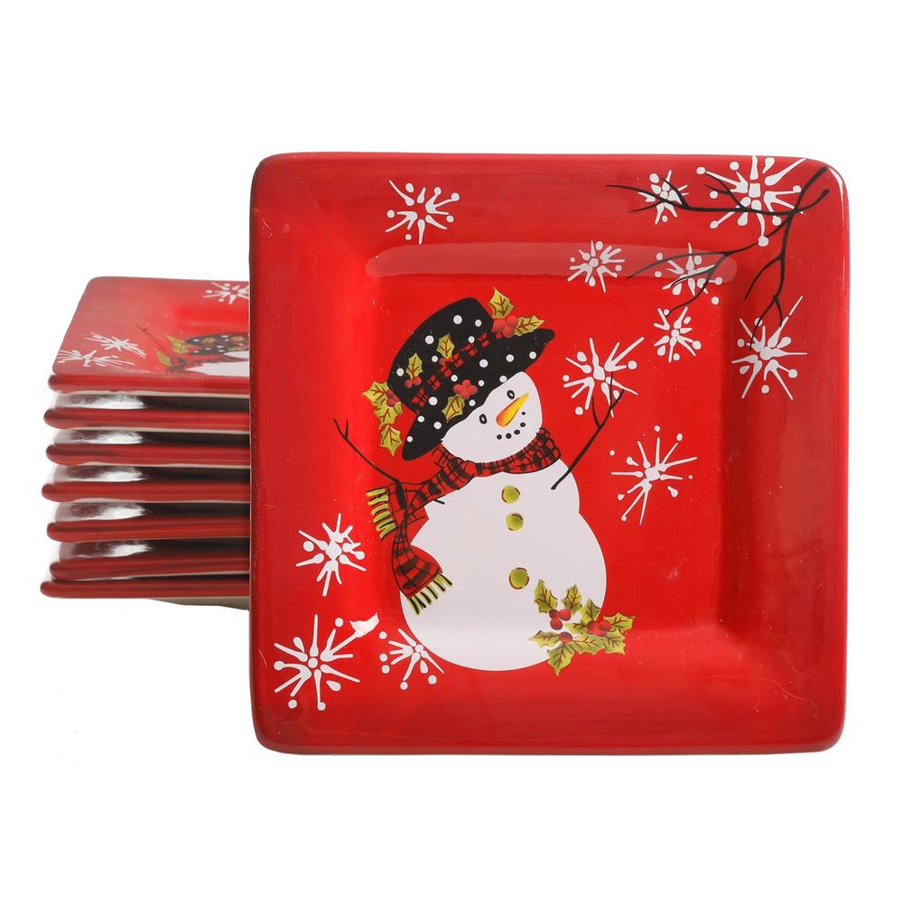 Laurie Gates Snappy Snowman Red Dessert Plate Set Of 8
