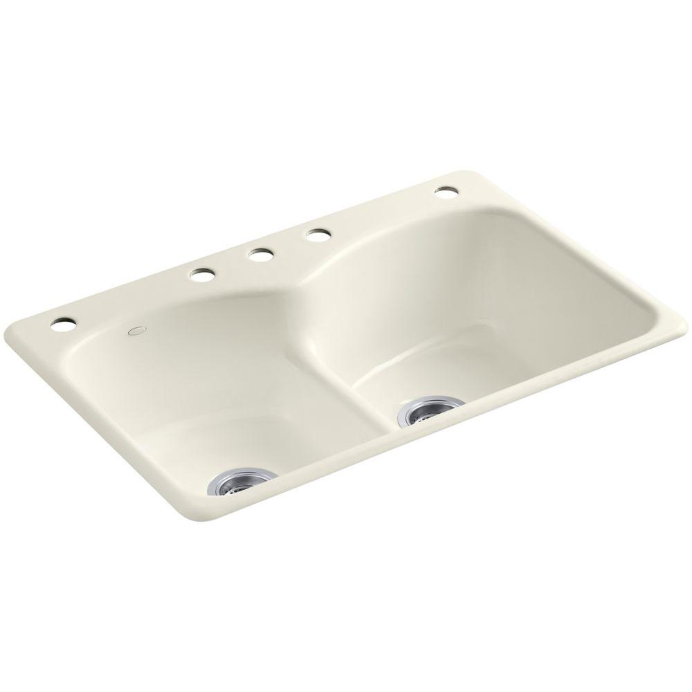 Kohler Langlade Smart Divide Drop In Cast Iron 33 In 5 Hole Double Basin Kitchen Sink In Biscuit