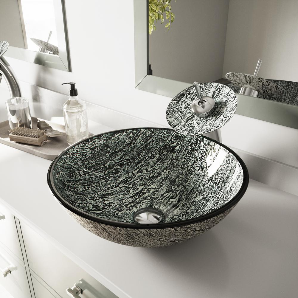 Vigo Glass Vessel Bathroom Sink In Titanium And Waterfall Faucet Set In Chrome