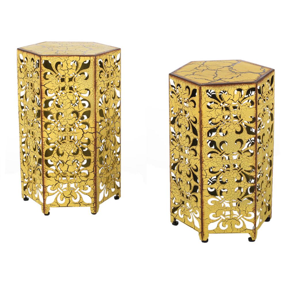 Noble House Jeffery Antique Yellow Hexagonal Metal Outdoor Accent Table 7613 The Home Depot