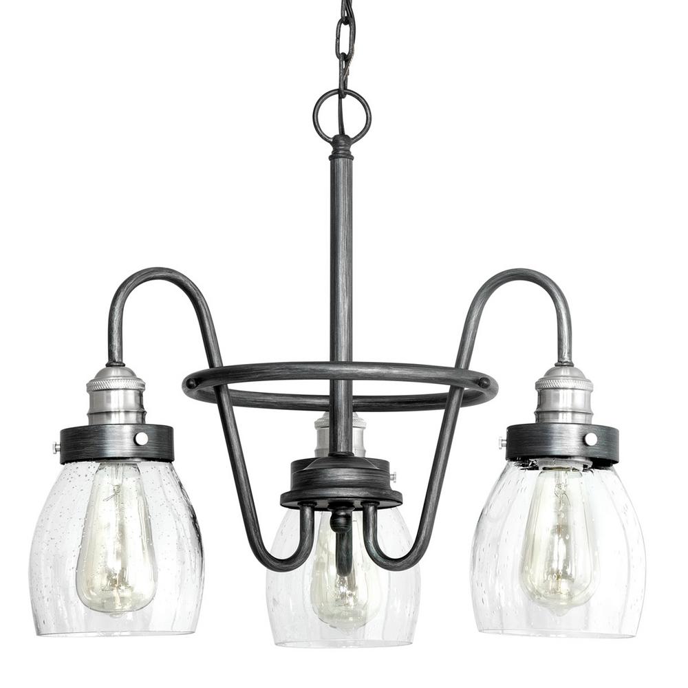 Progress Lighting Crofton 3-Light Rustic Pewter Chandelier with Brushed Nickel Accents and Clear Seeded Glass