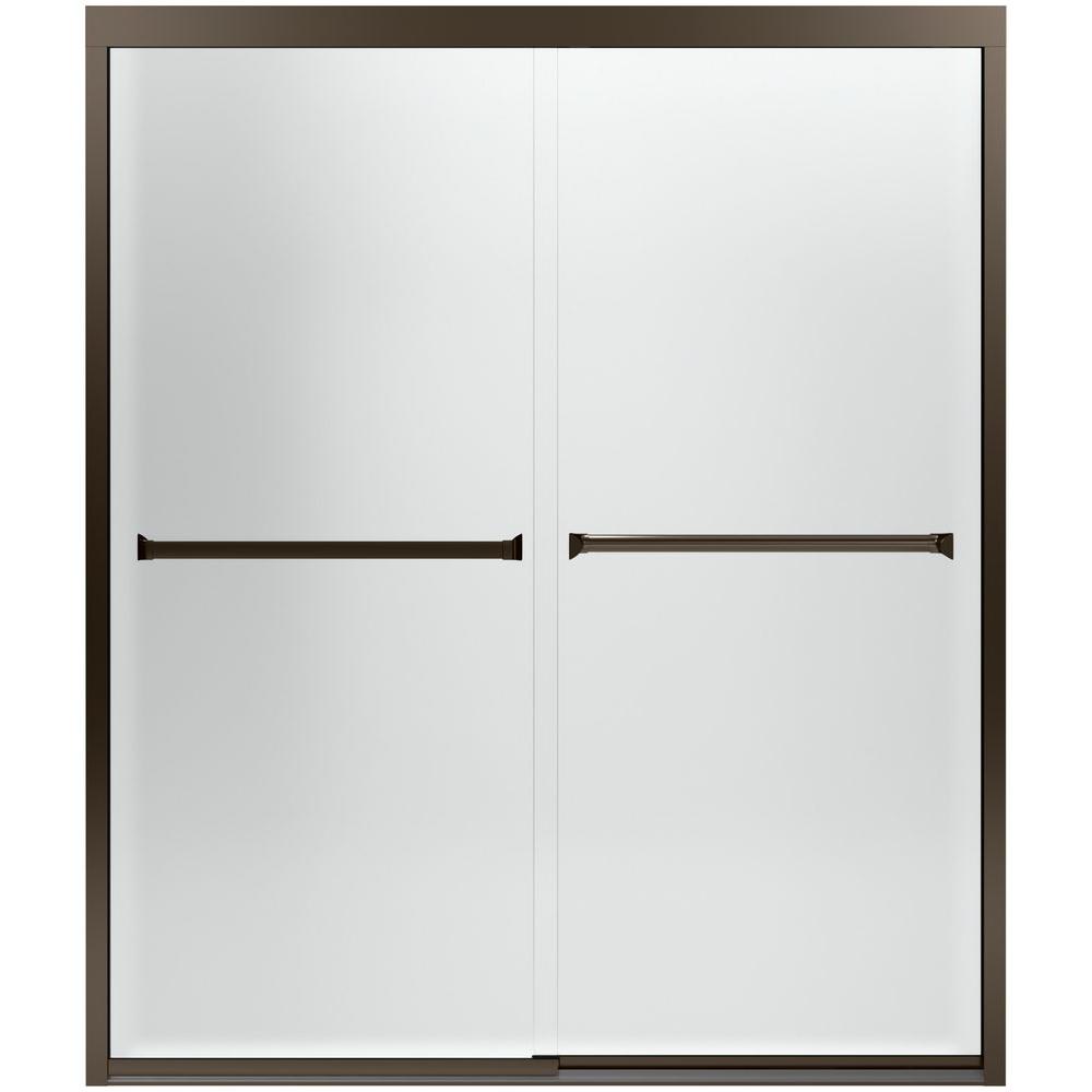STERLING Meritor 59-3/8 in. x 69-11/16 in. Semi-Framed Sliding Shower Door in Anodized Deep Bronze with Frosted Glass Pattern